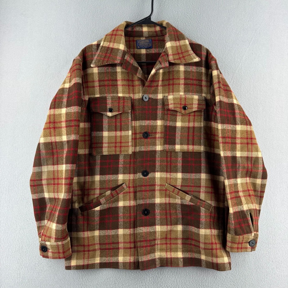 Vintage Pendleton Jacket Mens Medium Beige Wool Mackinaw Coat 70s Made in USA